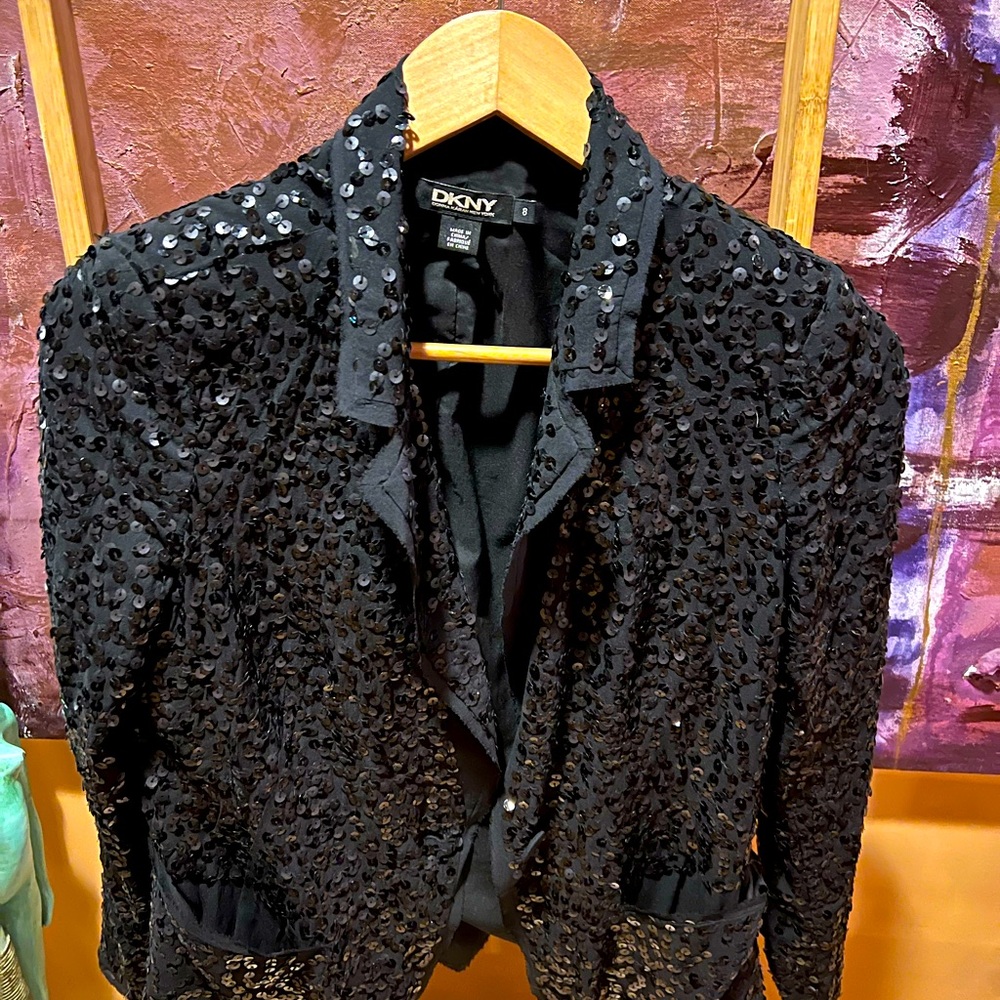 Beautiful form fitted sequence, Donna Karen, mid length jacket